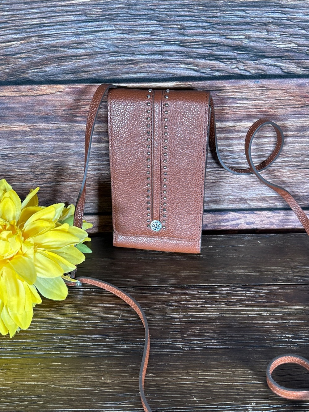 Brighton Pretty Tough Brown Pebbled Leather Crossbody Phone Pouch with Studs